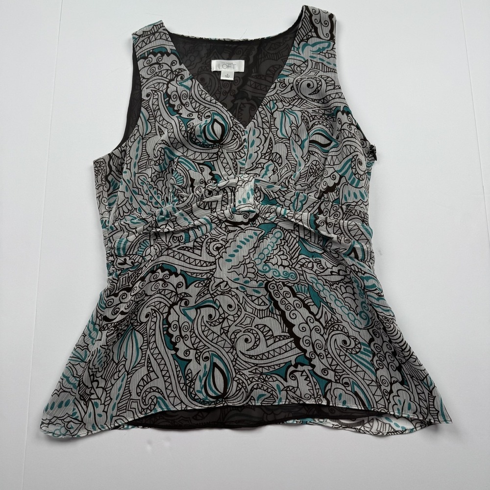 Ann Taylor Loft Top Womens 6 Black Gray Blue Sleeveless V Neck Paisley Blouse